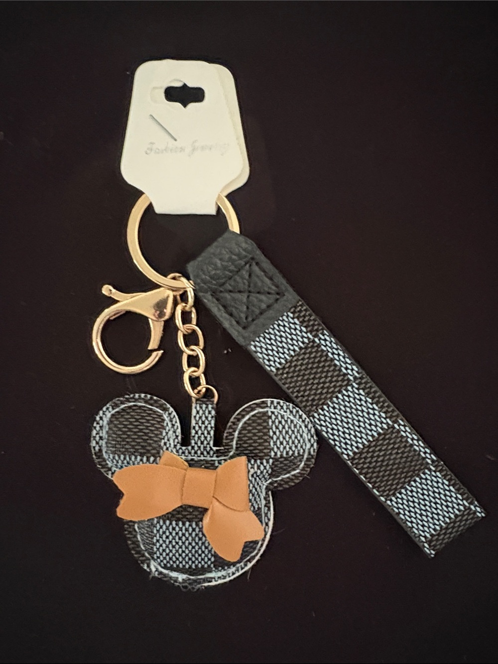 Black & Gray Fashion Minnie Mouse Keychain Bag Charm with Tan Bow